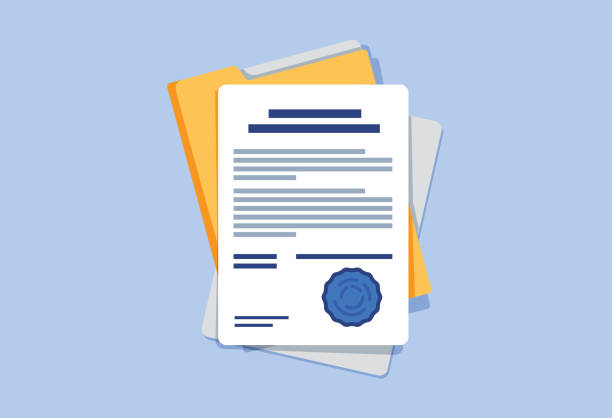 Contract or document signing icon. Document, folder with stamp and text. Contract conditions, research approval validation document. Contract papers. Document. Folder with stamp and text.